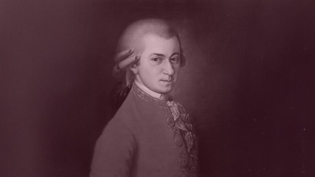Porträttmålning av Wolfgang Amadeus Mozart med tidstypisk peruk och kråsskjorta.