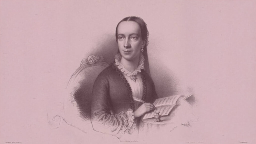 Porträttmålning av Emilie Mayer som håller en gammeldags bläckpenna med fjäder mot en öppen bok. Hon tittar åt sidan.